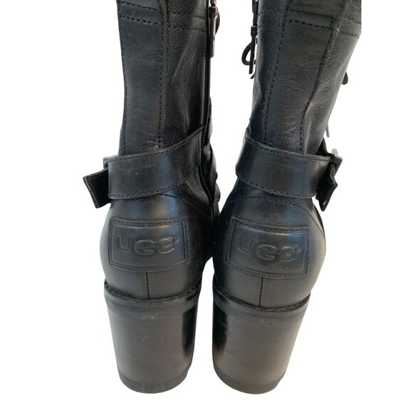 UGG Ingrid Biker Black Leather Sheep Skin Ankle Boots Lace Up Buckle Sz 7 9018 - Picture 4 of 9